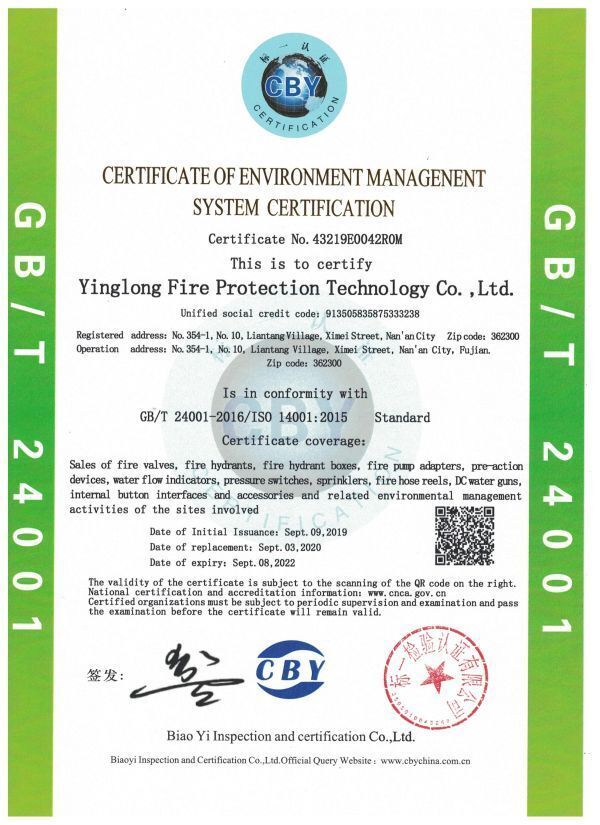 颖龙环境管理体系认证证书英文