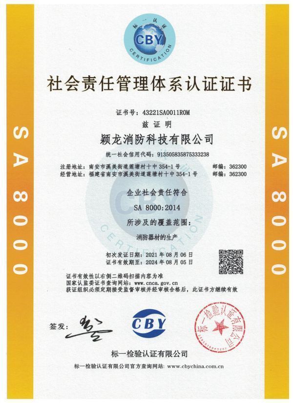颖龙社会责任管理体系认证证书