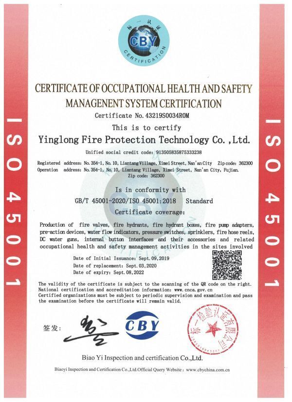 颖龙职业健康安全管理体系认证证书英文